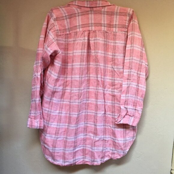 Tancredi & Morgen Women's Large Split Neck 2/4 Sleeve Pink Plaid Linen Tunic Top - Picture 2 of 6